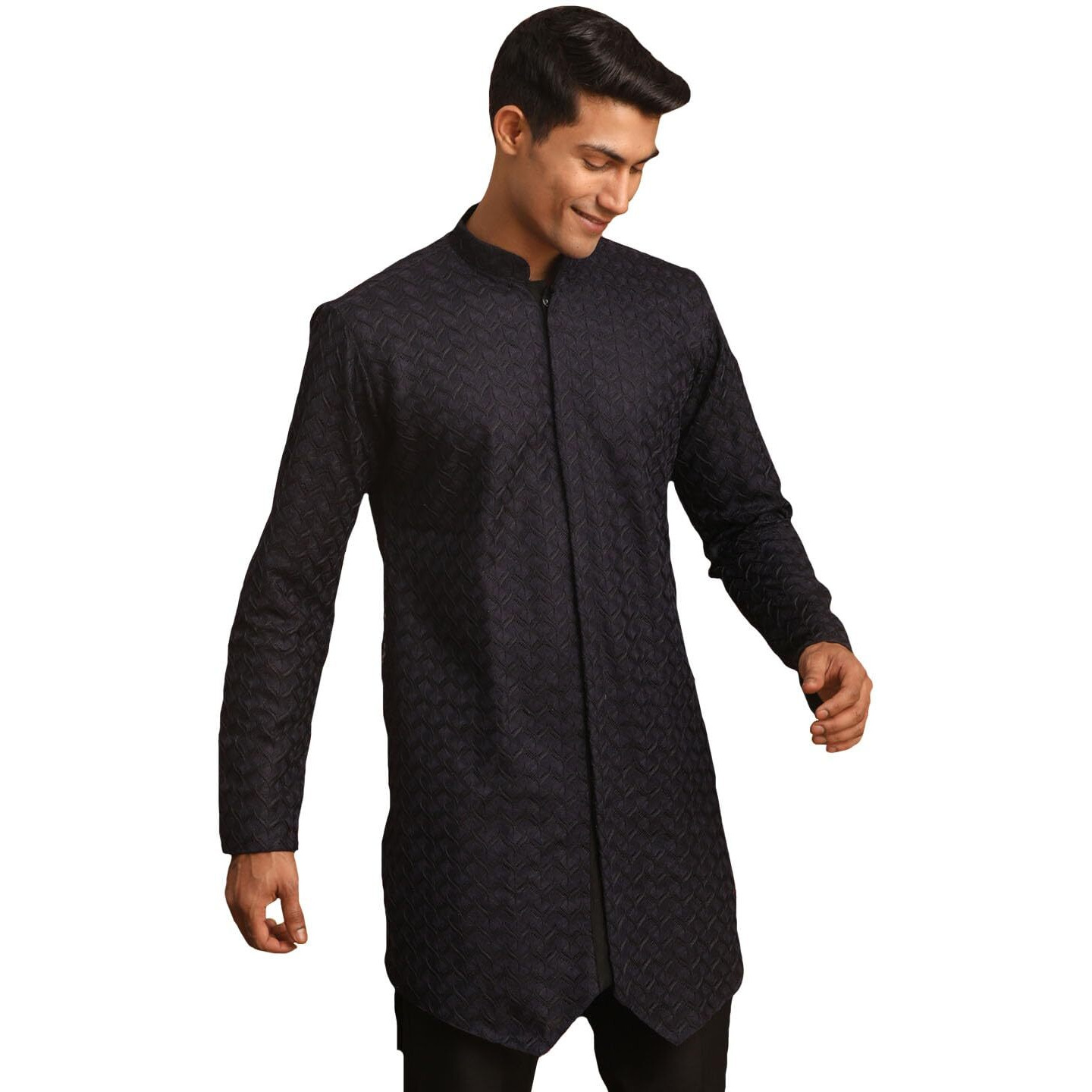 VASTRAMAY Men's Navy Blue Silk Blend Kurta | Imported Fabric Designer Kurta | Timeless Elegance for Festivals & Events | Classic Design, Premium Comfort, and Versatile Style