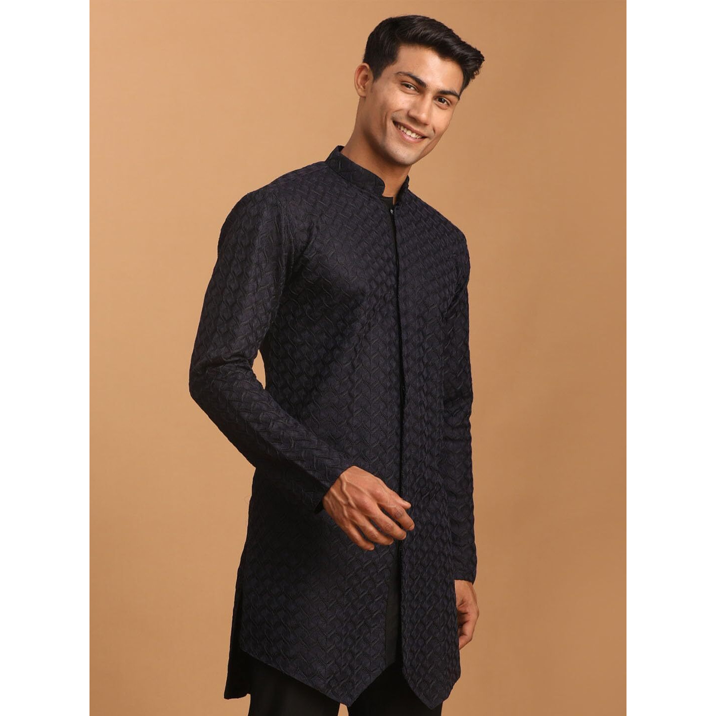 VASTRAMAY Men's Navy Blue Silk Blend Kurta | Imported Fabric Designer Kurta | Timeless Elegance for Festivals & Events | Classic Design, Premium Comfort, and Versatile Style