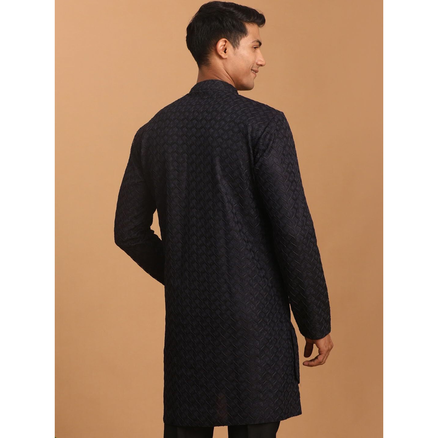 VASTRAMAY Men's Navy Blue Silk Blend Kurta | Imported Fabric Designer Kurta | Timeless Elegance for Festivals & Events | Classic Design, Premium Comfort, and Versatile Style