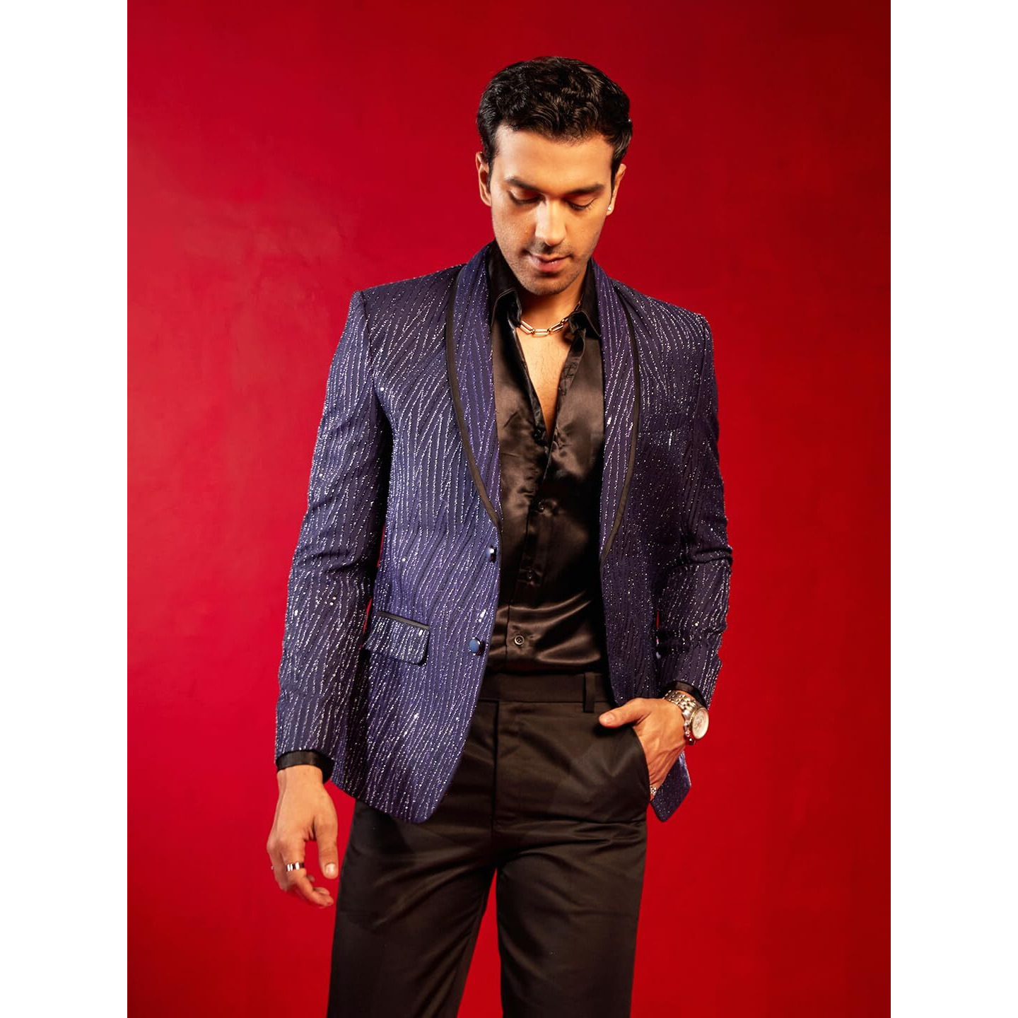 VASTRAMAY Men's Navy Blue Silk Blend Blazer_VSHRMCT028NB_40