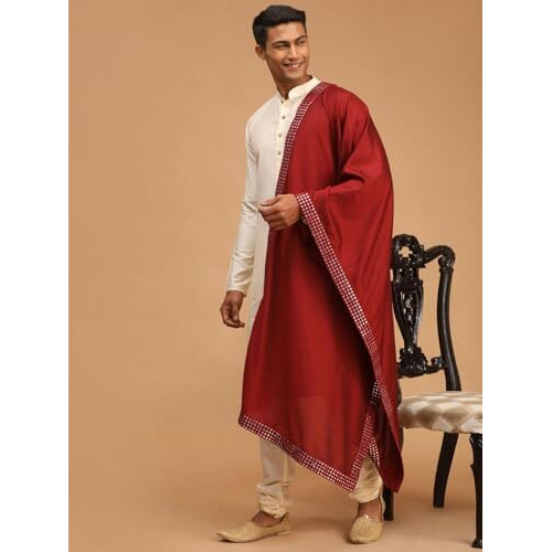 VASTRAMAY Men's Cream Viscose Kurta, Pyjama & Dupatta Set | Solid Kurta And Pyjama Set on Fluid Viscose Fabric of Natural Yarn In Cream Color with Maroon Mirror Border Dupatta