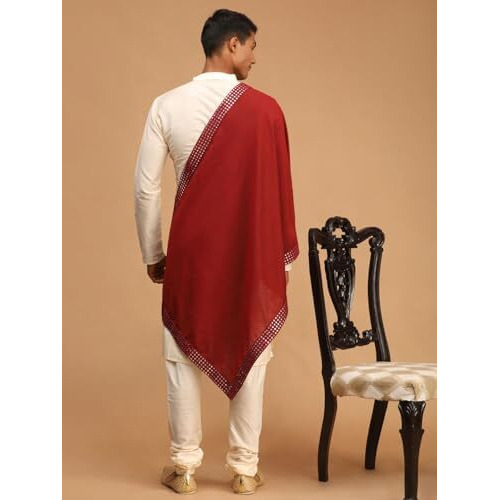 VASTRAMAY Men's Cream Viscose Kurta, Pyjama & Dupatta Set | Solid Kurta And Pyjama Set on Fluid Viscose Fabric of Natural Yarn In Cream Color with Maroon Mirror Border Dupatta