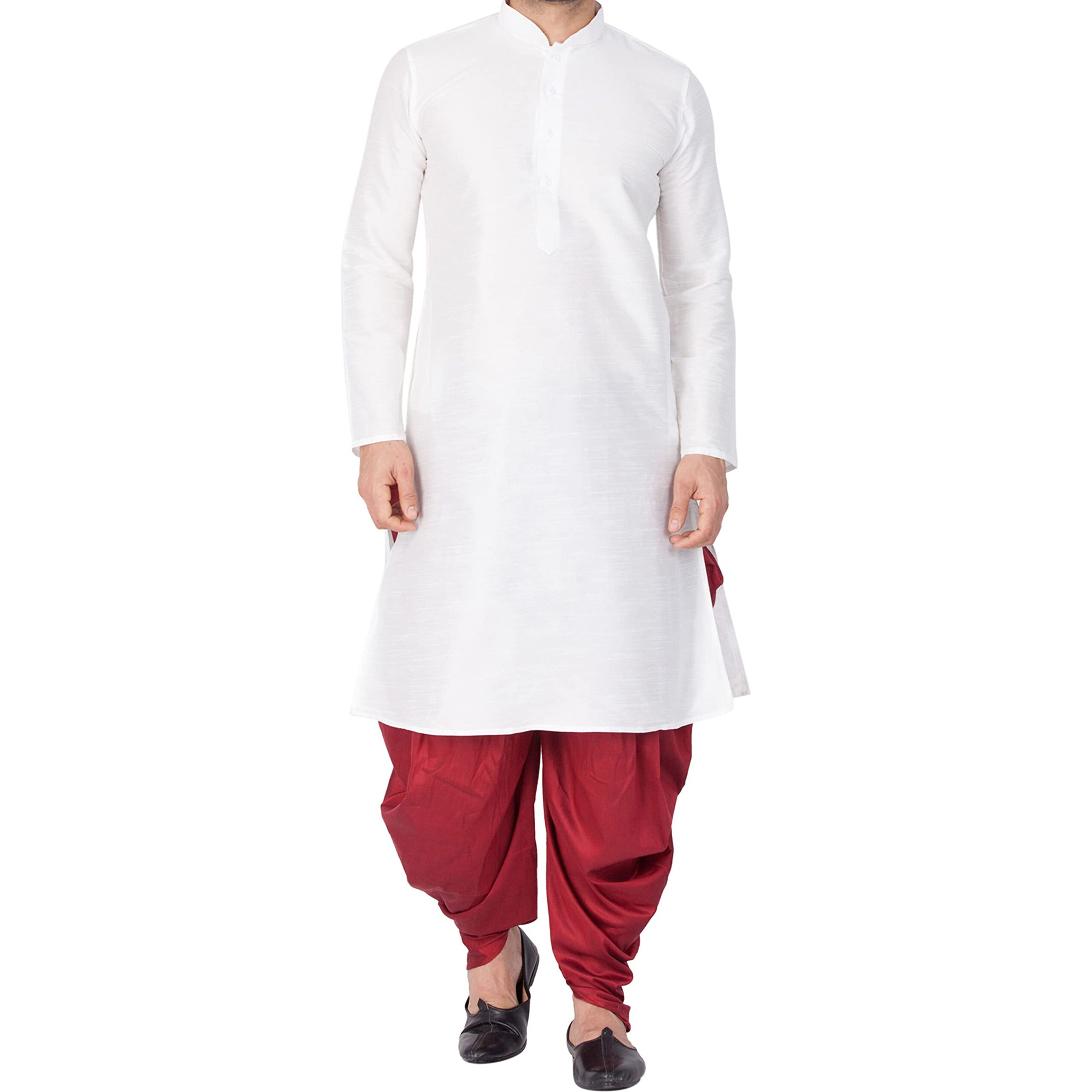 VASTRAMAY Men Cotton Silk Kurta and Cowl Dhoti Pant Set (White_VASMKWH001nCDMA_38)