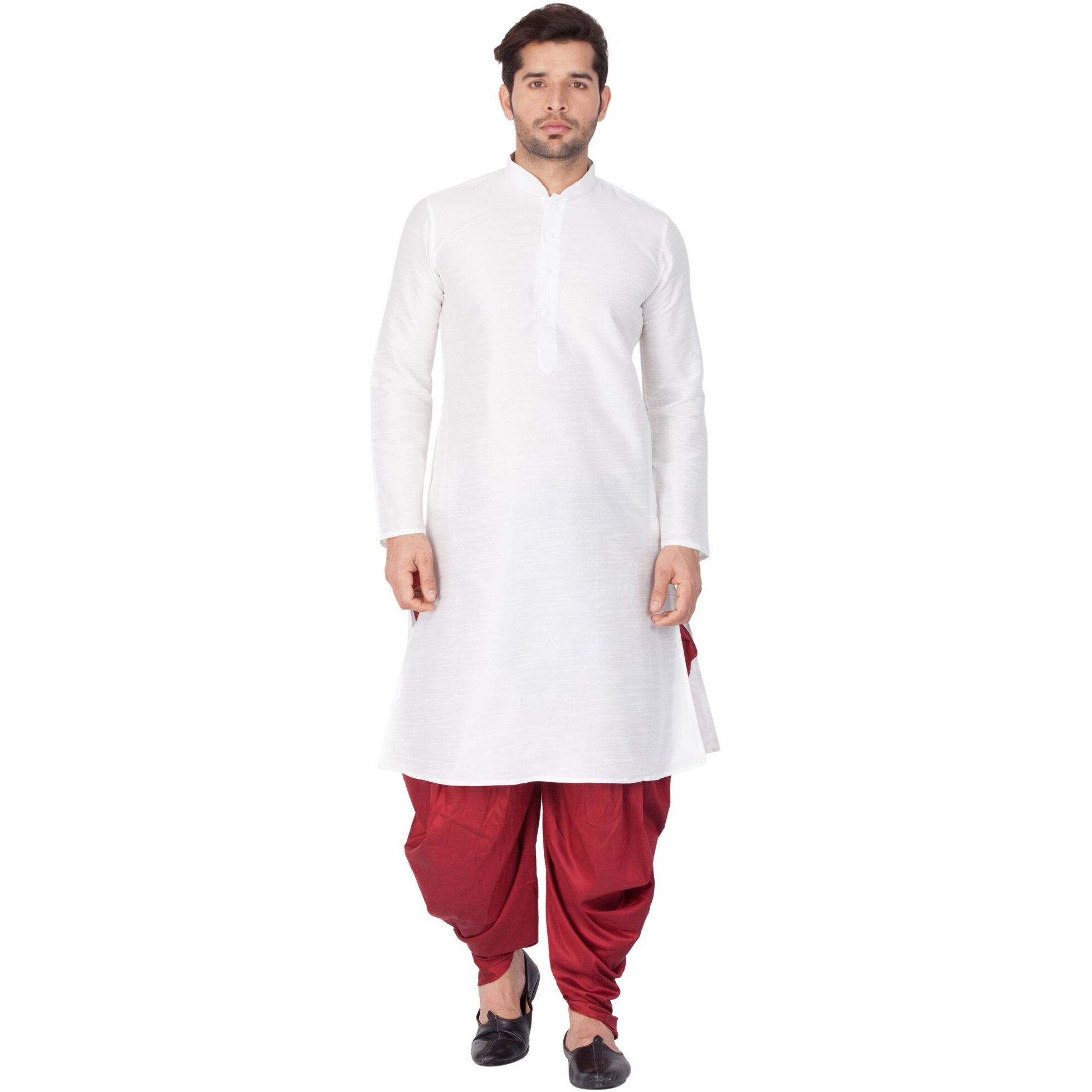 VASTRAMAY Men Cotton Silk Kurta and Cowl Dhoti Pant Set (White_VASMKWH001nCDMA_38)