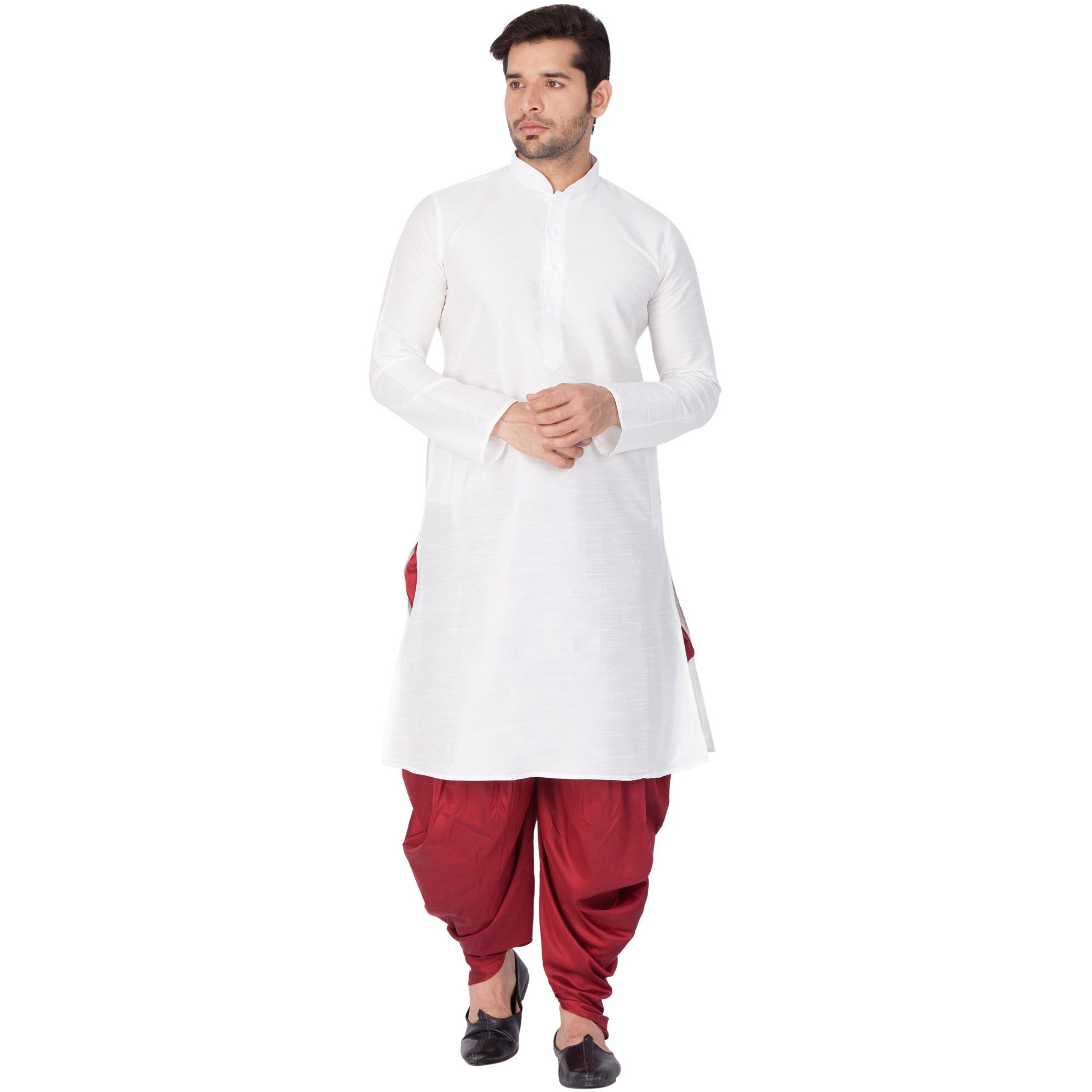 VASTRAMAY Men Cotton Silk Kurta and Cowl Dhoti Pant Set (White_VASMKWH001nCDMA_38)
