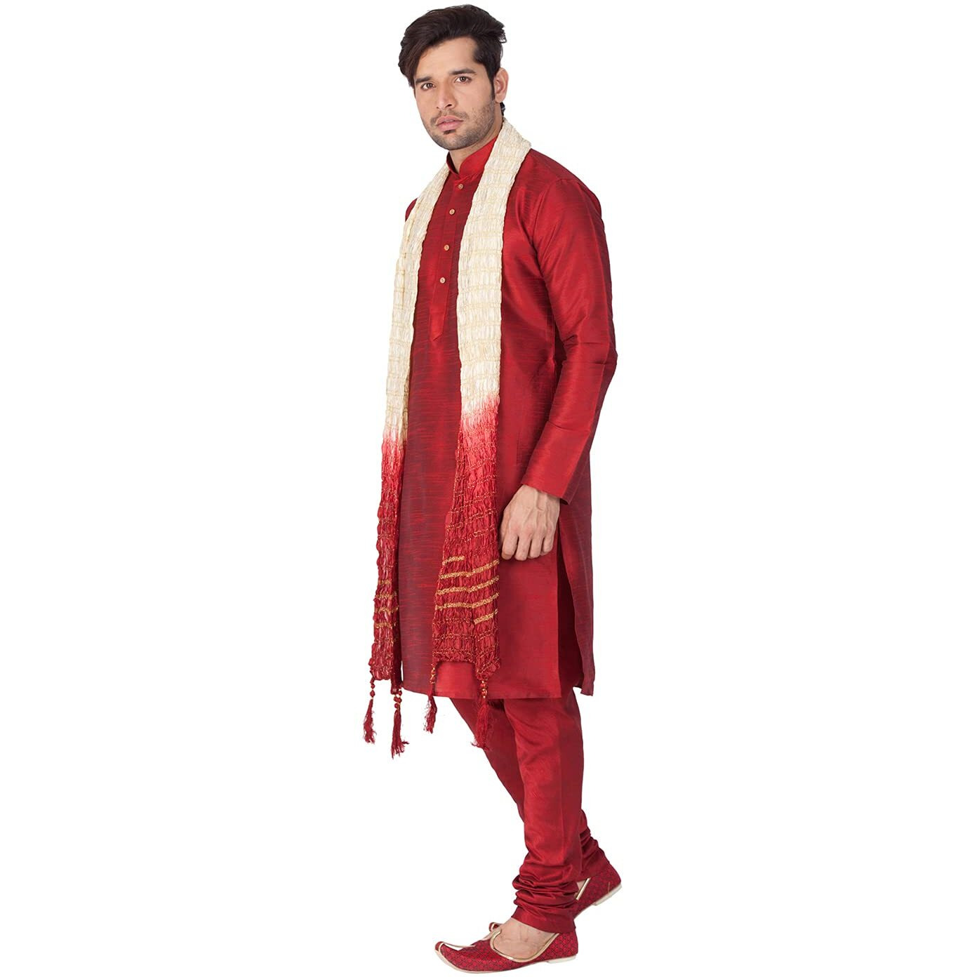 VASTRAMAY Men Cotton Silk Kurta Pyjama and Dupatta Set (Maroon_VASMKMA001nPMAnD_40)