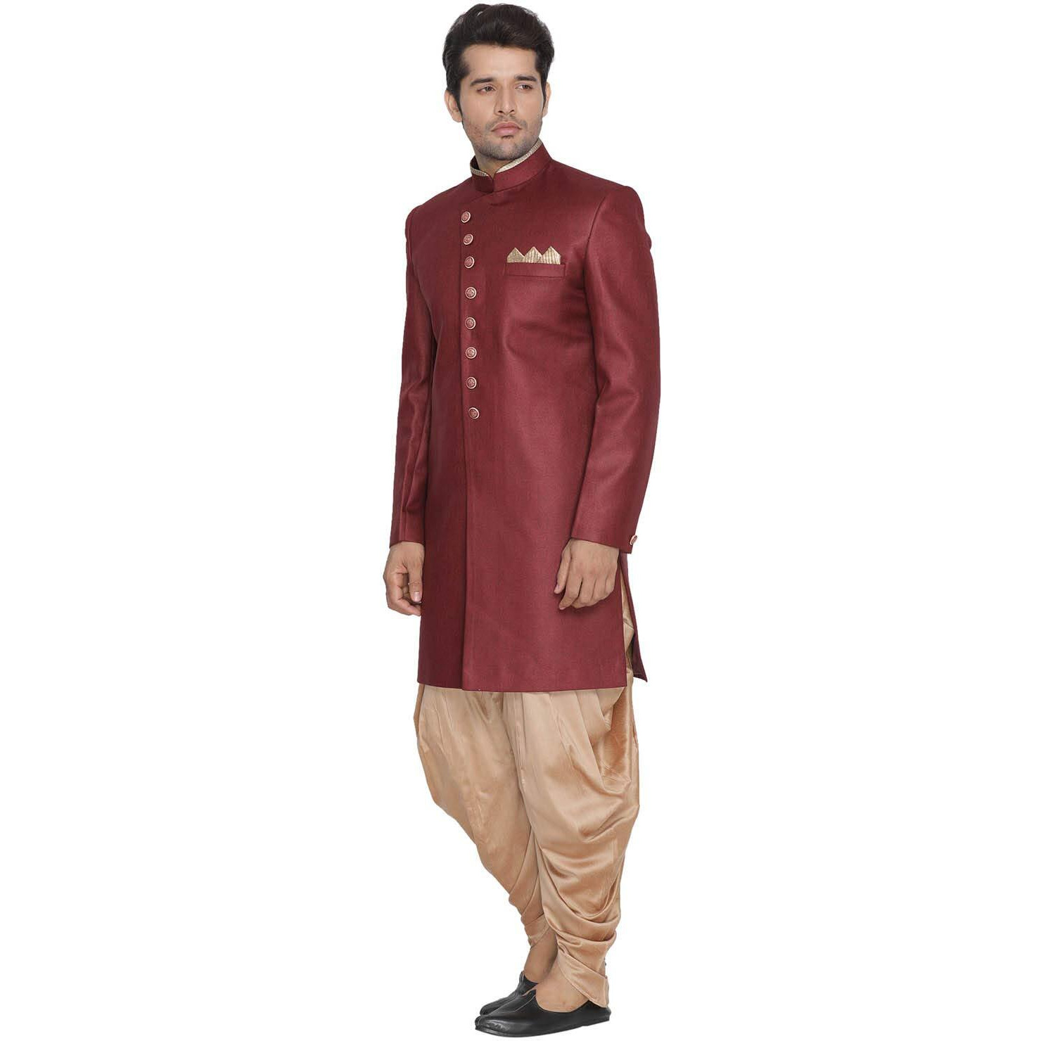 VASTRAMAY Men Maroon Jute Cotton Sherwani and Cow Style Dhoti Pant set (VASMIW001MAnCDRG_46)