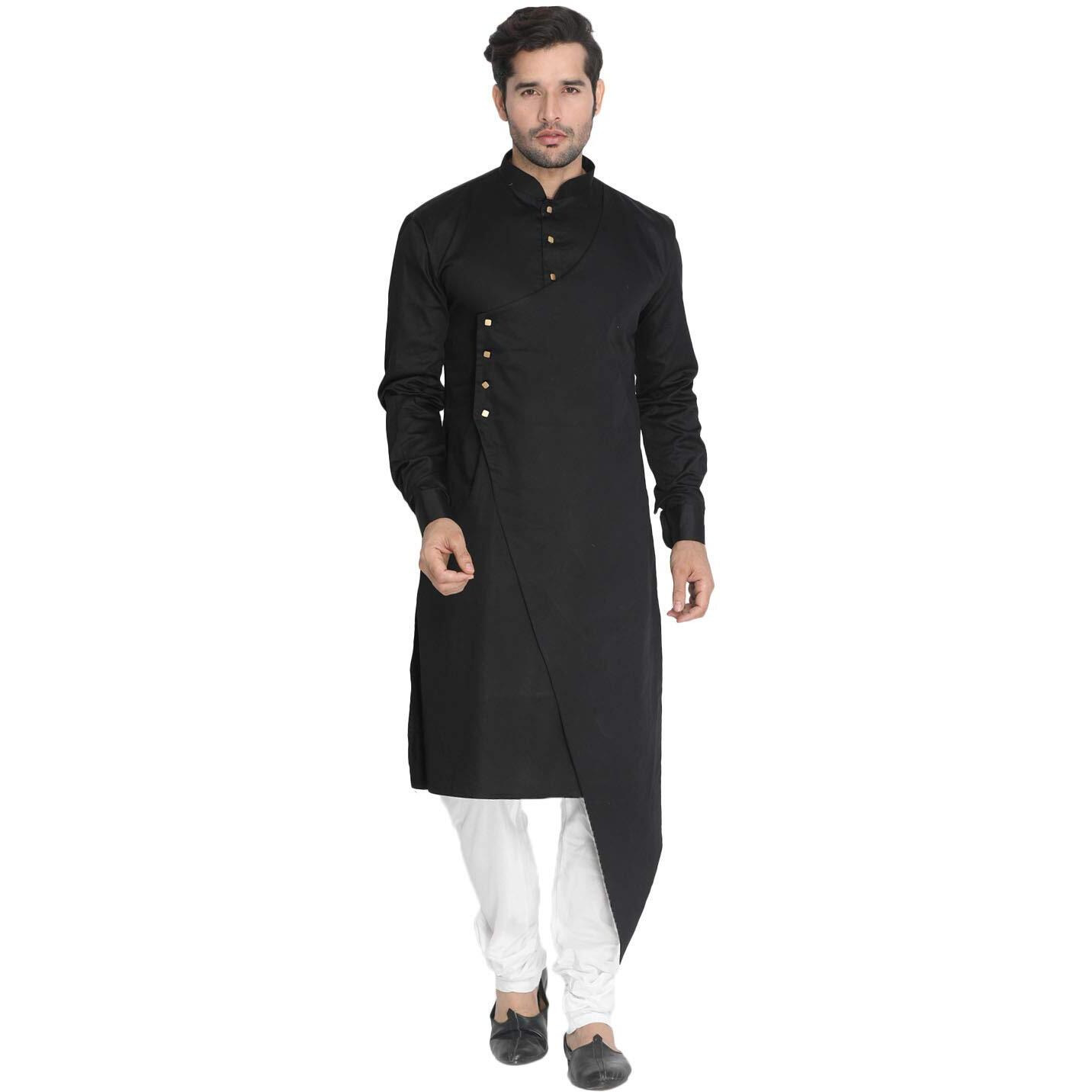 VASTRAMAY Men's Jet Black Cotton Silk Blend Kurta and Pyjama Set_VASMK062BLnPLBCR_44