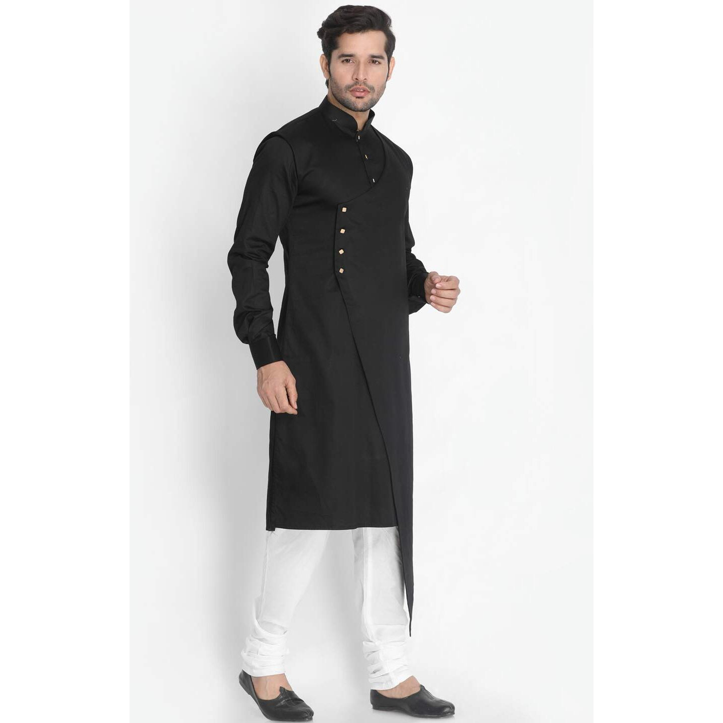 VASTRAMAY Men's Jet Black Cotton Silk Blend Kurta and Pyjama Set_VASMK062BLnPLBCR_44