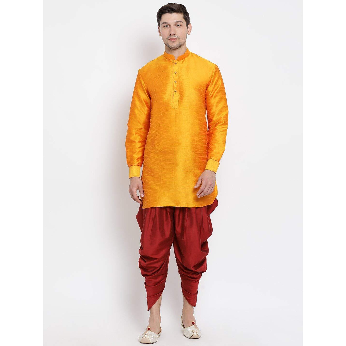 VASTRAMAY Cotton Silk Blend Regular Kurta Set (VASBBUK001ORnCDMA_38/14_Orange_Man Boy-(6-12 Months))
