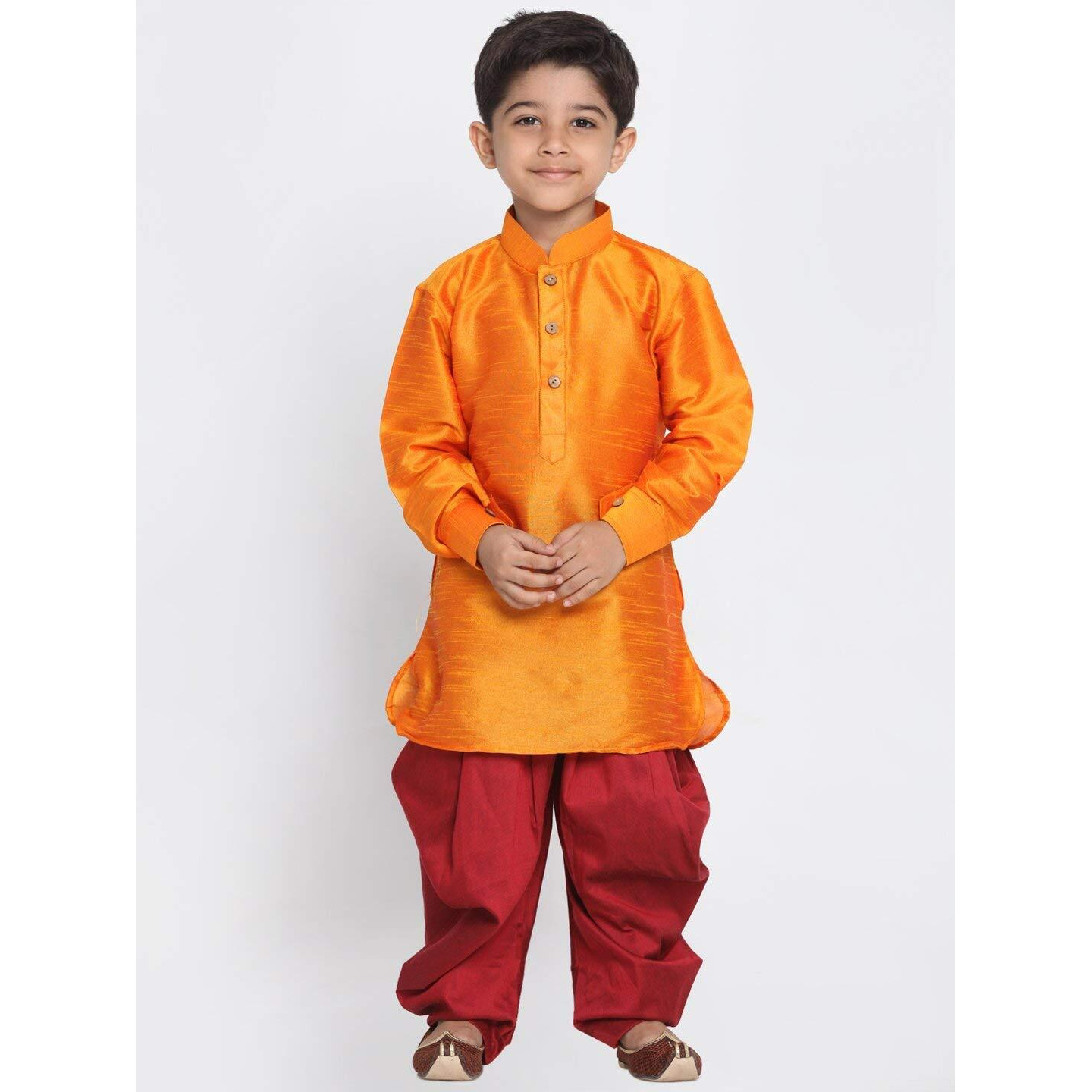 VASTRAMAY Cotton Silk Blend Regular Kurta Set (VASBBUK001ORnCDMA_38/14_Orange_Man Boy-(6-12 Months))