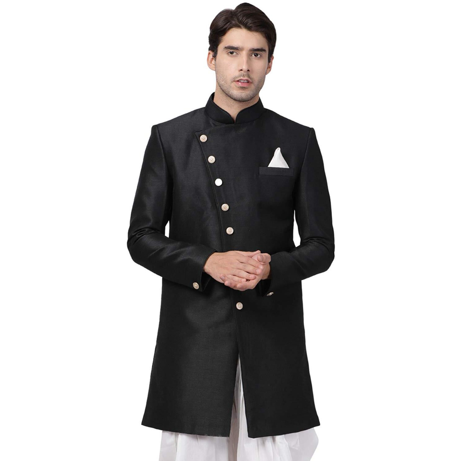 VASTRAMAY Men's Black Silk Blend Sherwani Only Top_VASMIW005BL_46