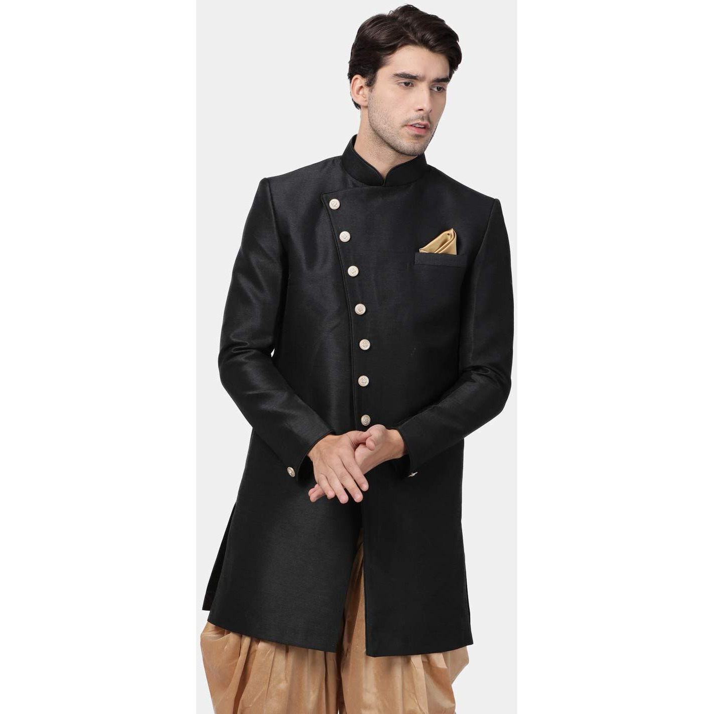 VASTRAMAY Men's Black Silk Blend Sherwani Only Top_VASMIW005BL_46