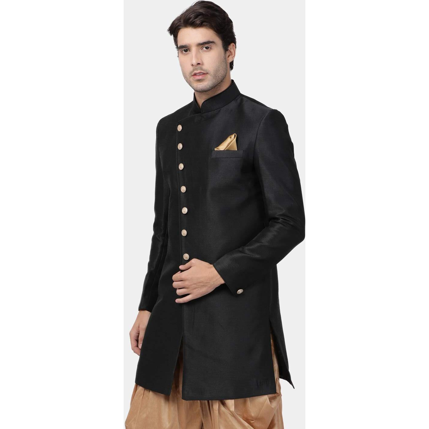VASTRAMAY Men's Black Silk Blend Sherwani Only Top_VASMIW005BL_46