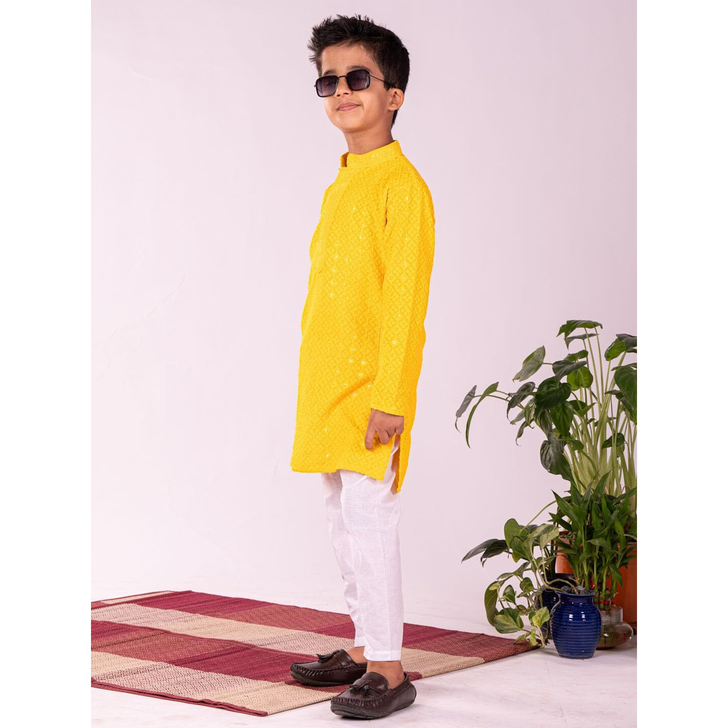 VASTRAMAY Boys' Yellow And White Kurta Pyjama Set | Traditional Indian Schiffli Embroidery Work kurta pajama set for Navratri, Diwali & Festive Celebrations - Stylish and Comfortable Indian Outfit