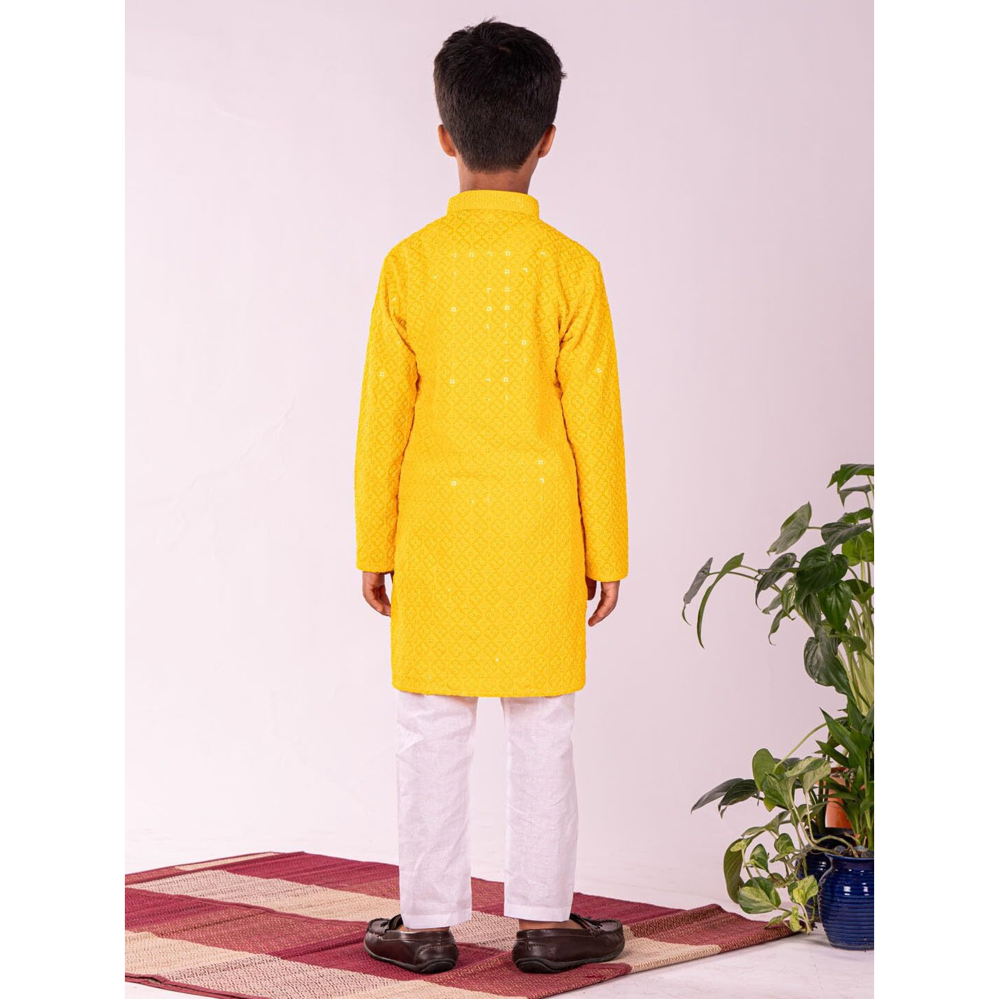 VASTRAMAY Boys' Yellow And White Kurta Pyjama Set | Traditional Indian Schiffli Embroidery Work kurta pajama set for Navratri, Diwali & Festive Celebrations - Stylish and Comfortable Indian Outfit