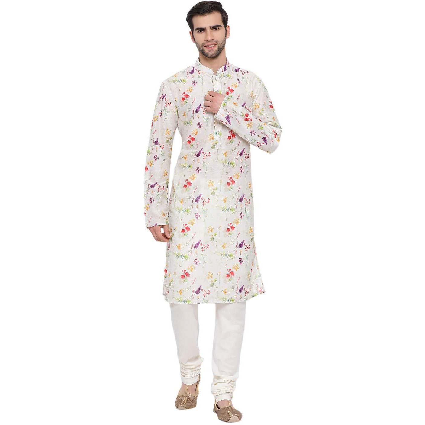 VASTRAMAY Men's Cream Cotton Blend Kurta Pyjama Set_VASMK089CRnPANT089CR_36