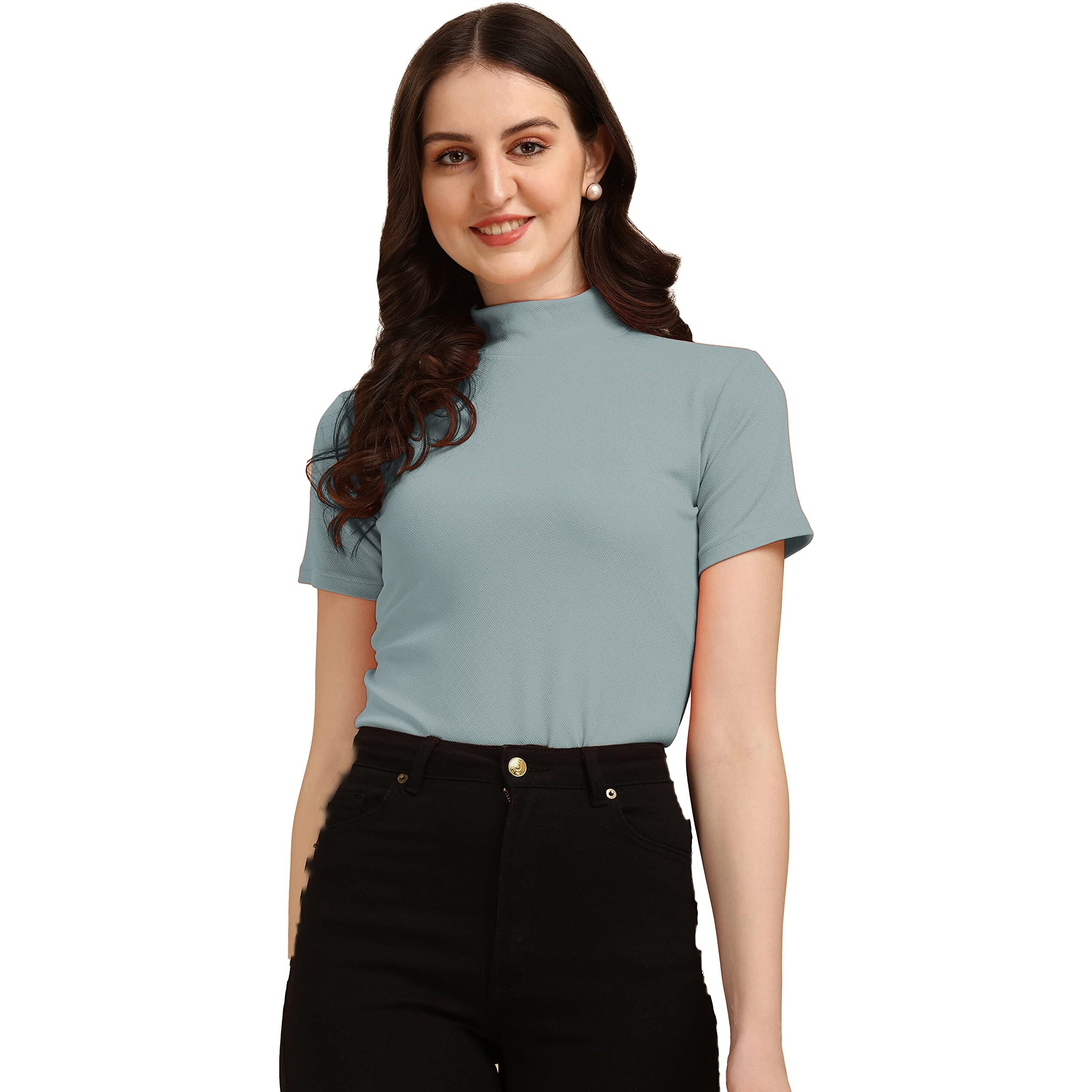 Wedani Women's Casual Solid Top with Short Sleeves Western Top (Small, Grey)