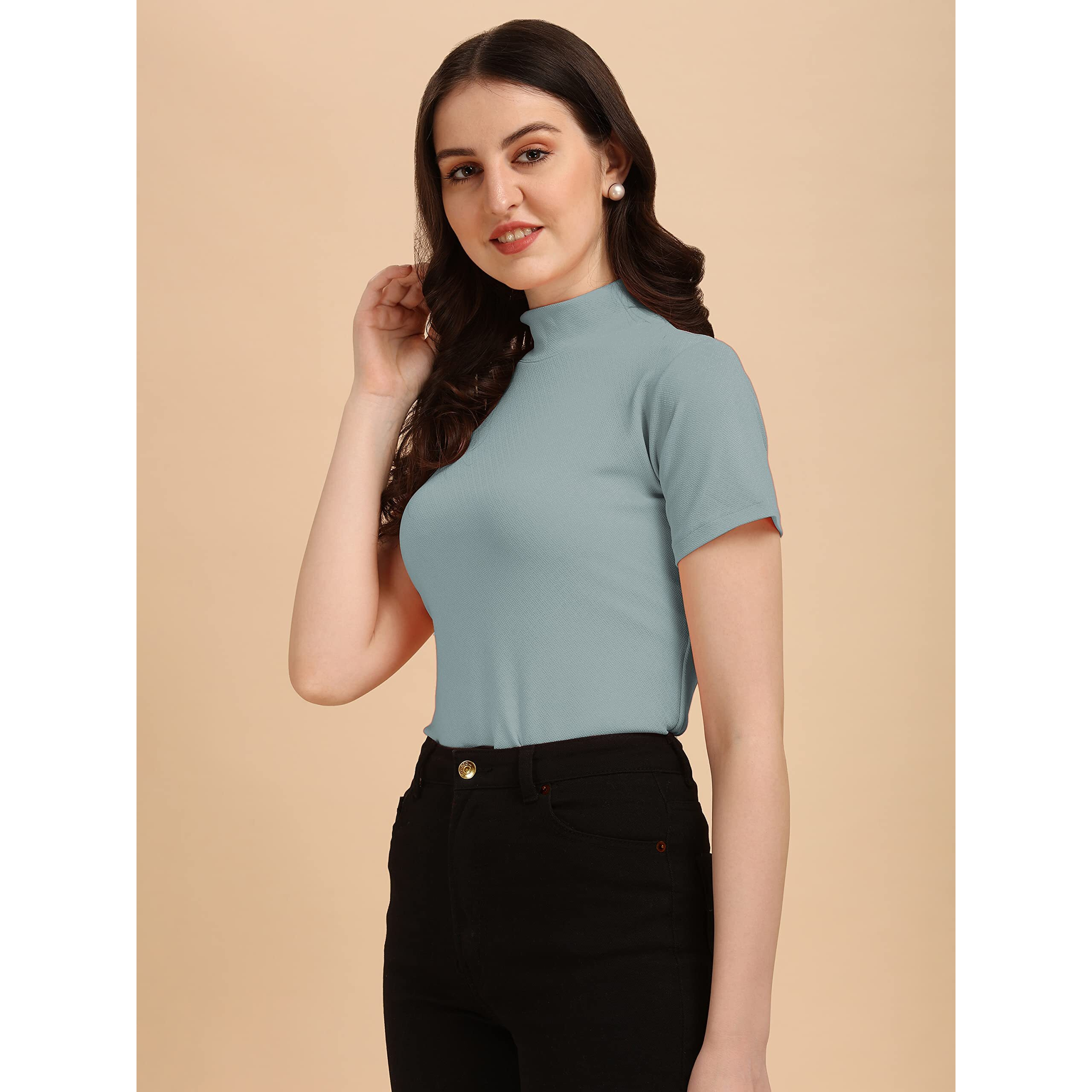 Wedani Women's Casual Solid Top with Short Sleeves Western Top (Small, Grey)
