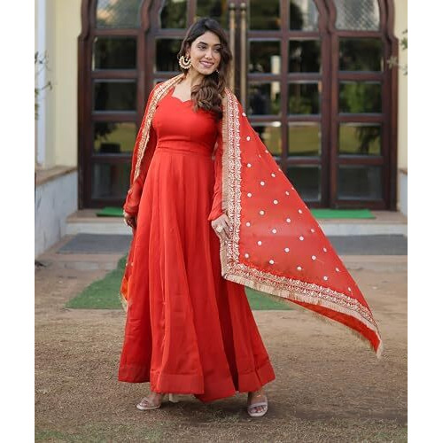 Wedani Russian Silk Anarkali Kurta Set For womens (IN, Alpha, M, Regular, ORANGE)