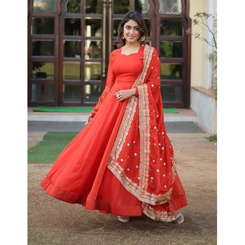Wedani Russian Silk Anarkali Kurta Set For womens (IN, Alpha, M, Regular, ORANGE)