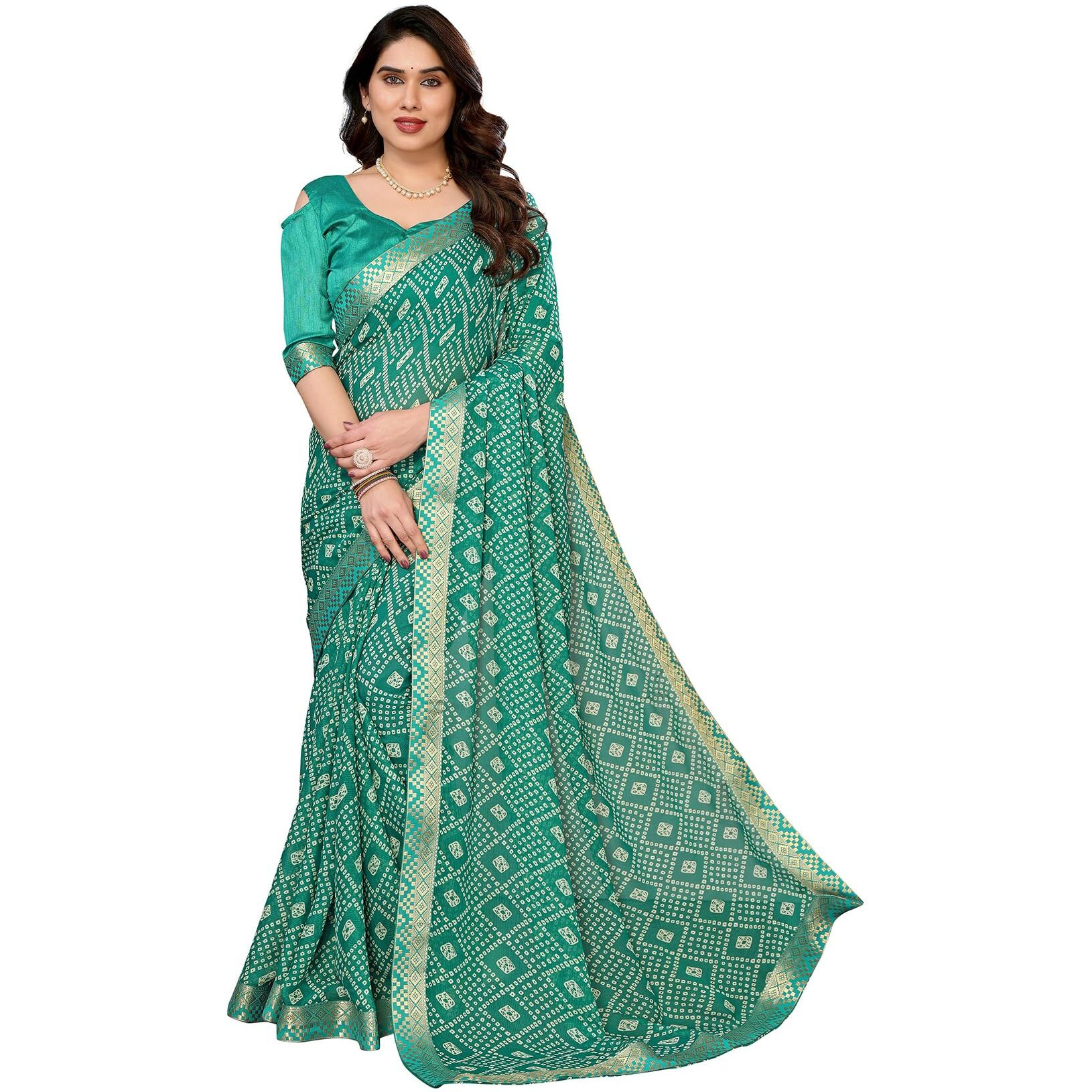 Yashika Women's Printed Georgette Saree With Lace Border and Unstitched Blouse Material (AZ-YS-P1-GOMTI GREEN)