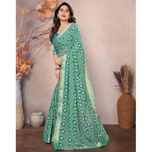Yashika Women's Printed Georgette Saree With Lace Border and Unstitched Blouse Material (AZ-YS-P1-GOMTI GREEN)