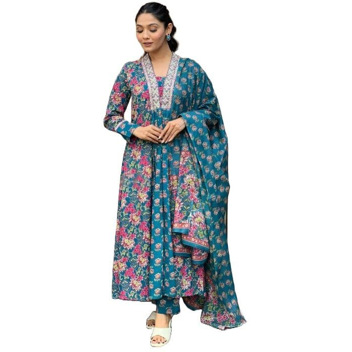KLOSIA Women Printed A-Line Kurta and Pant Set with Dupatta (in, Alpha, 2XL, Blue)