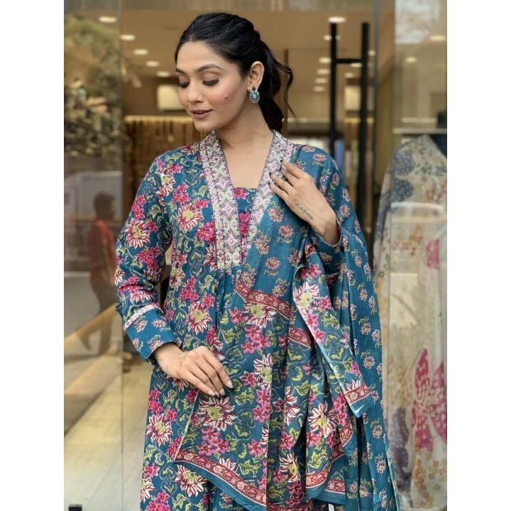 KLOSIA Women Printed A-Line Kurta and Pant Set with Dupatta (in, Alpha, 2XL, Blue)