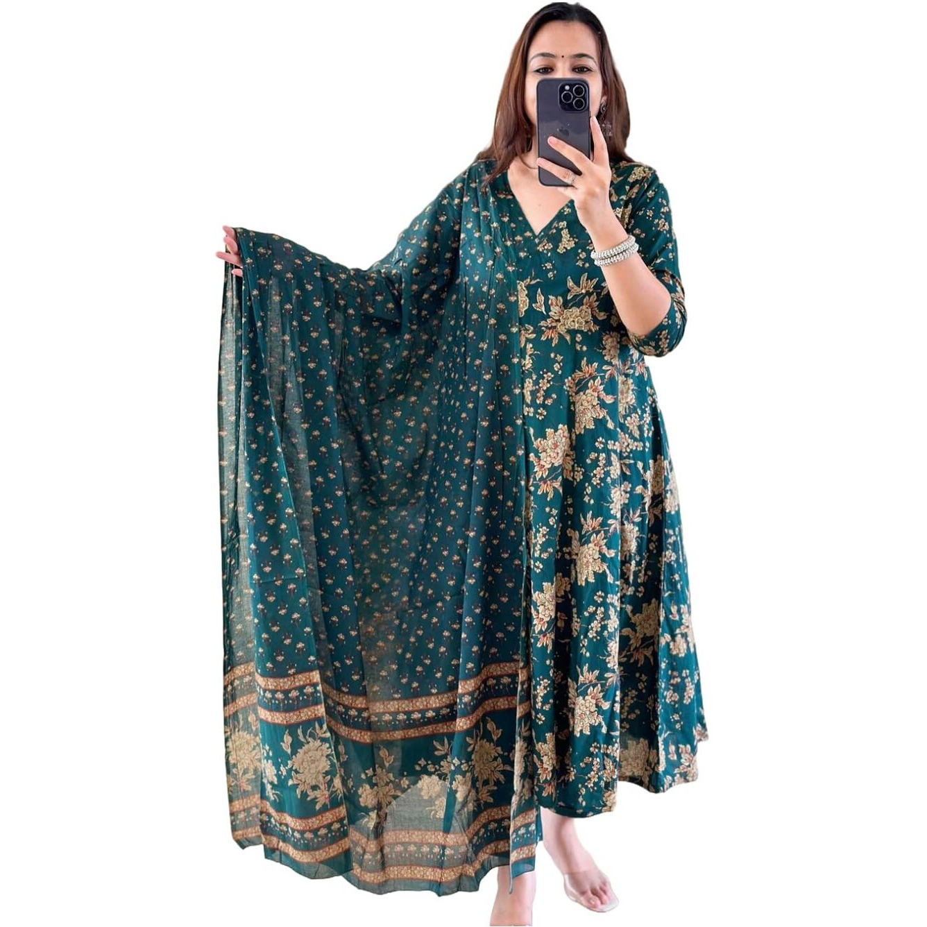 ANNI DESIGNER Women's Rayon Blend Anarkali Printed Kurta with Pant & Dupatta (NAVNEETA Dark Green_3XL_Dark Green_XXX-Large)