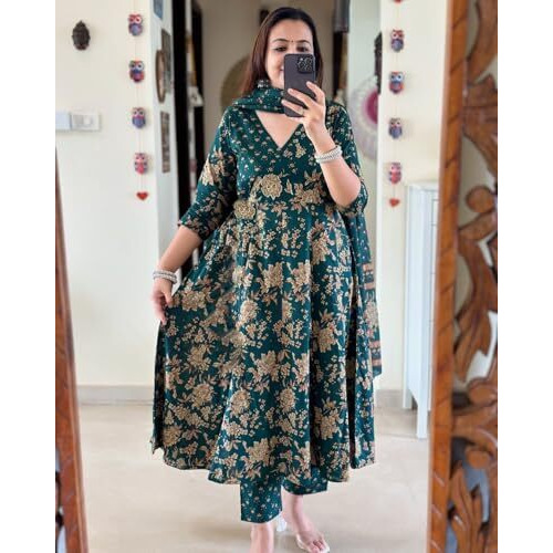 ANNI DESIGNER Women's Rayon Blend Anarkali Printed Kurta with Pant & Dupatta (NAVNEETA Dark Green_3XL_Dark Green_XXX-Large)