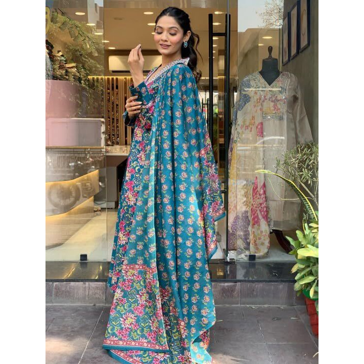 KLOSIA Women Printed A-Line Kurta and Pant Set with Dupatta (in, Alpha, M, Blue)