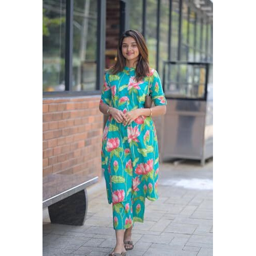 ANNI DESIGNER Women's Rayon Viscose Straight Printed Kurta with Pant (Ladat Green_L_Green_Large)