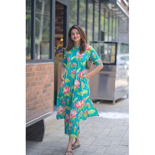 ANNI DESIGNER Women's Rayon Viscose Straight Printed Kurta with Pant (Ladat Green_L_Green_Large)