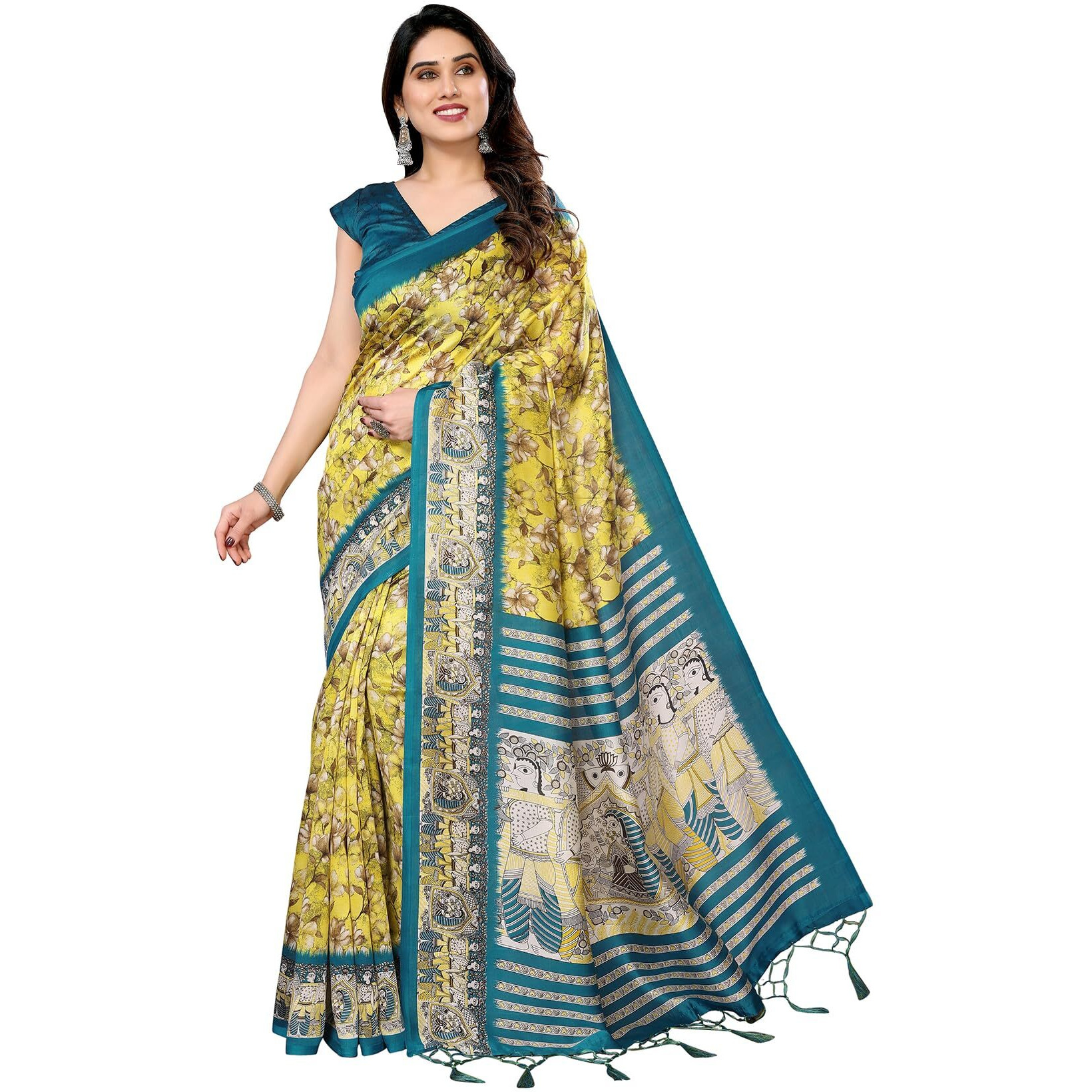 Yashika Women's Printed Kalamkari Art Silk Saree With Tassels and Unstitched Blouse Material (AZ-YS-P1-SUBILA YELLOW JHALAR)