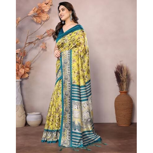 Yashika Women's Printed Kalamkari Art Silk Saree With Tassels and Unstitched Blouse Material (AZ-YS-P1-SUBILA YELLOW JHALAR)
