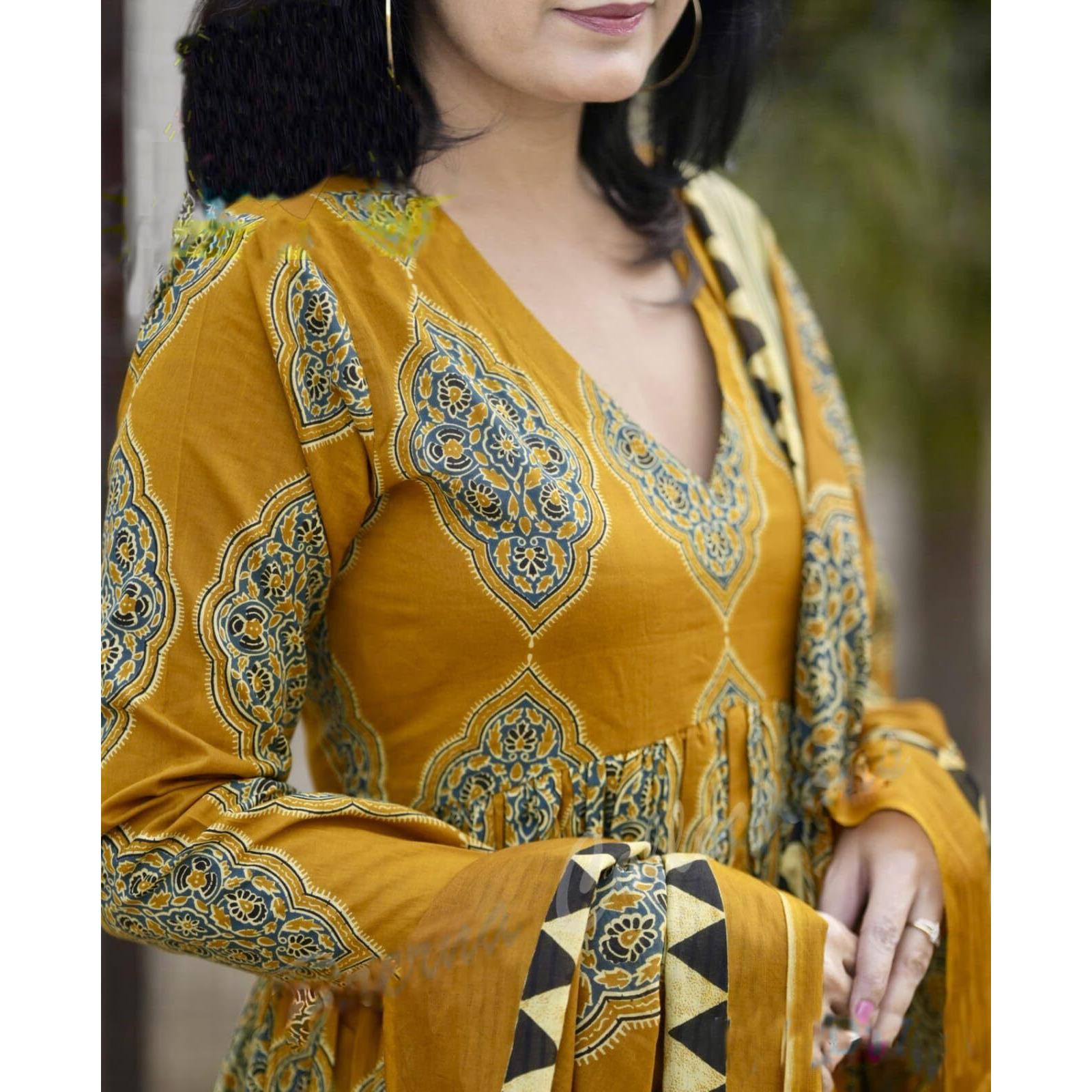 KLOSIA Women Printed Anarkali Kurta and Pant Set with Dupatta (in, Alpha, L, Mustard)