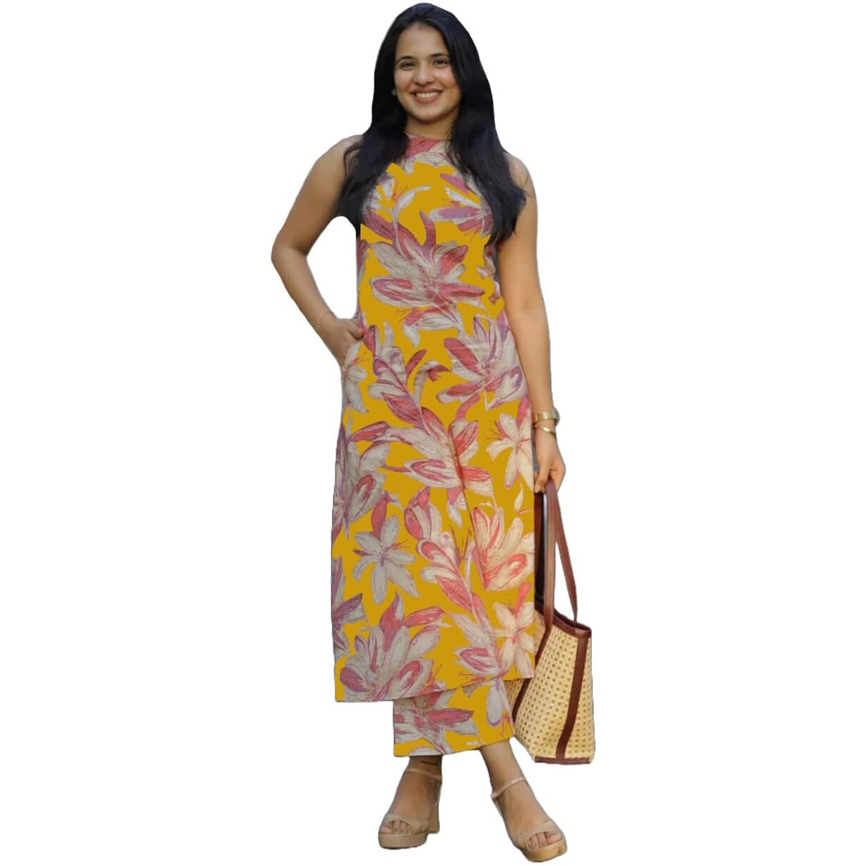ANNI DESIGNER Women's Rayon Viscose Straight Printed Kurta with Pant (VCM Yellow_S_Yellow_Small)