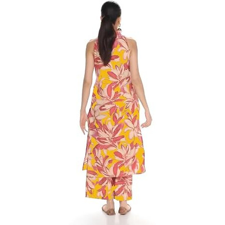 ANNI DESIGNER Women's Rayon Viscose Straight Printed Kurta with Pant (VCM Yellow_S_Yellow_Small)