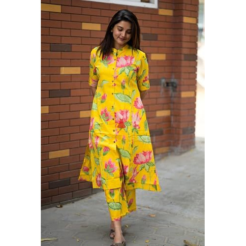 ANNI DESIGNER Women's Rayon Viscose Straight Printed Kurta with Pant (Ladat Yellow_L_Yellow_Large)