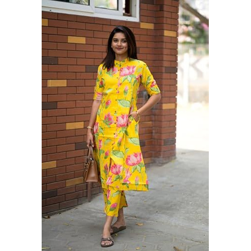 ANNI DESIGNER Women's Rayon Viscose Straight Printed Kurta with Pant (Ladat Yellow_L_Yellow_Large)