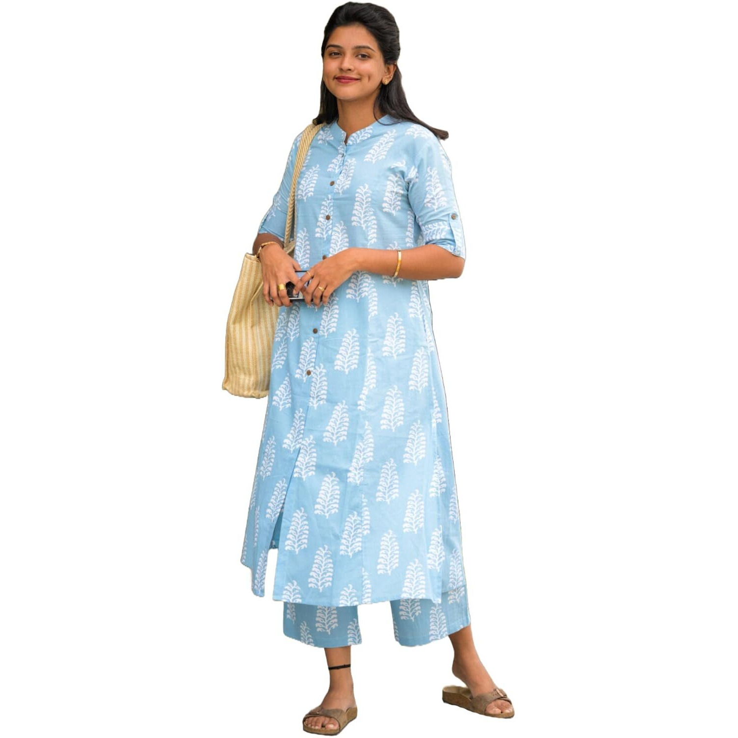 ANNI DESIGNER Women's Rayon Viscose Straight Printed Kurta with Pant (KOPEK Sky_M_Sky Blue_Medium)