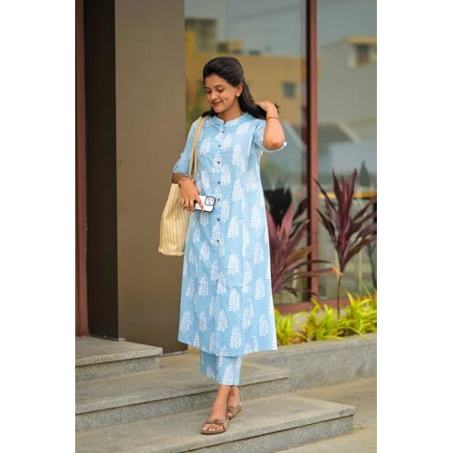 ANNI DESIGNER Women's Rayon Viscose Straight Printed Kurta with Pant (KOPEK Sky_M_Sky Blue_Medium)