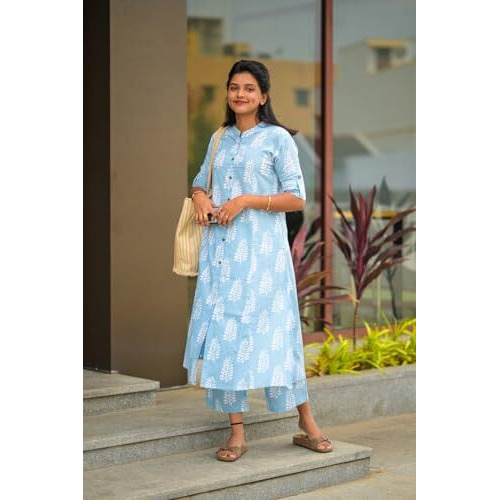 ANNI DESIGNER Women's Rayon Viscose Straight Printed Kurta with Pant (KOPEK Sky_M_Sky Blue_Medium)