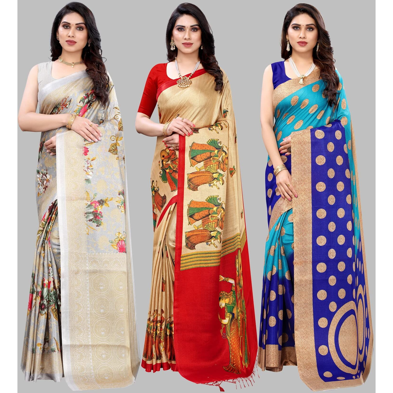 Yashika Women's Combo Art Silk Saree With Blouse Piece - Pack Of 3(PUDINA GREY-RAJARANI CHICKU-KORA BLUE)