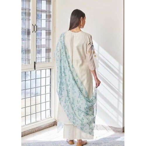 ANNI DESIGNER Women's Rayon Viscose Printed Straight Kurta with Pant & Dupatta (Verdant Cream_L_Cream_Large)
