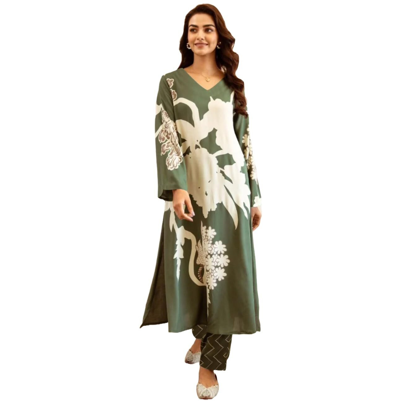 ANNI DESIGNER Women's Rayon Viscose Straight Printed Kurta with Palazzo (Cukari Green-VKS03_XL_Green_X-Large)