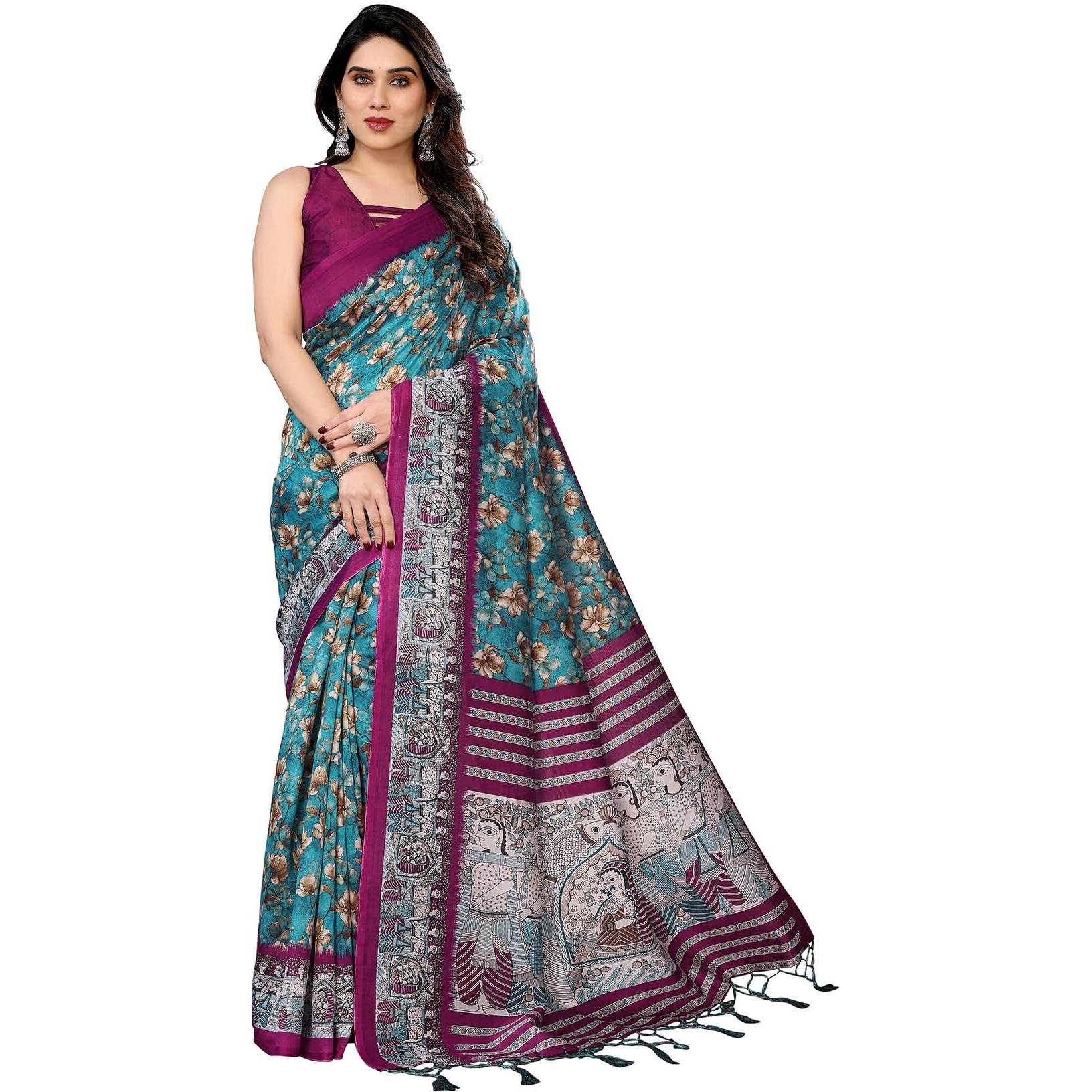 Yashika Women's Printed Kalamkari Art Silk Saree With Tassels and Unstitched Blouse Material (AZ-YS-P1-SUBILA RAMA JHALAR)