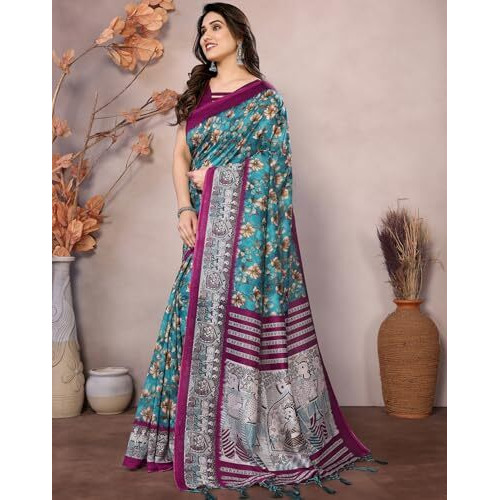 Yashika Women's Printed Kalamkari Art Silk Saree With Tassels and Unstitched Blouse Material (AZ-YS-P1-SUBILA RAMA JHALAR)