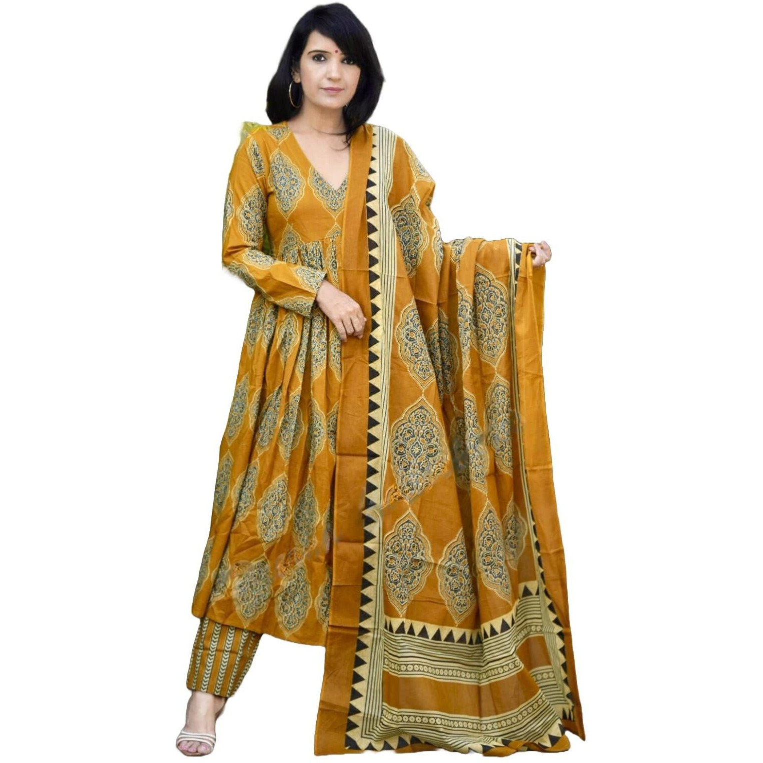 KLOSIA Women Printed Anarkali Kurta and Pant Set with Dupatta (in, Alpha, M, Mustard)